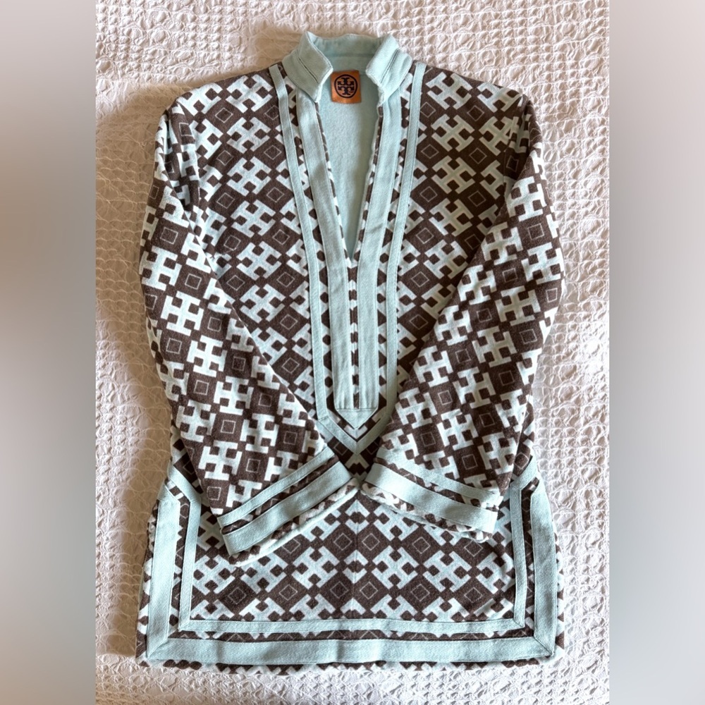 Tory Burch Tory Tunic Cotton French Terry Top Brown Turquoise Medium